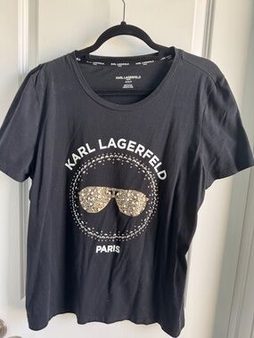 Karl Lagerfeld Black Tee with Gold Crystal Sunglasses Emblem